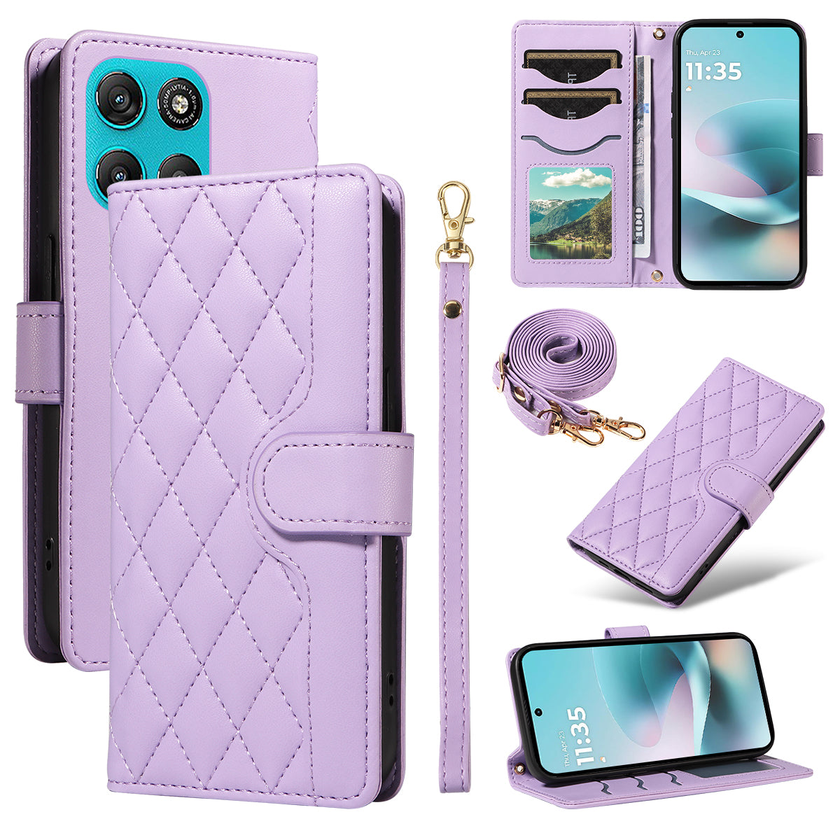 For Motorola Moto G57 Power 5G / Motorola Moto G100 5G (2025) / Motorola Moto G67 Power 5G Wallet Case Rhombus Leather Phone Cover with Strap -  Light Purple