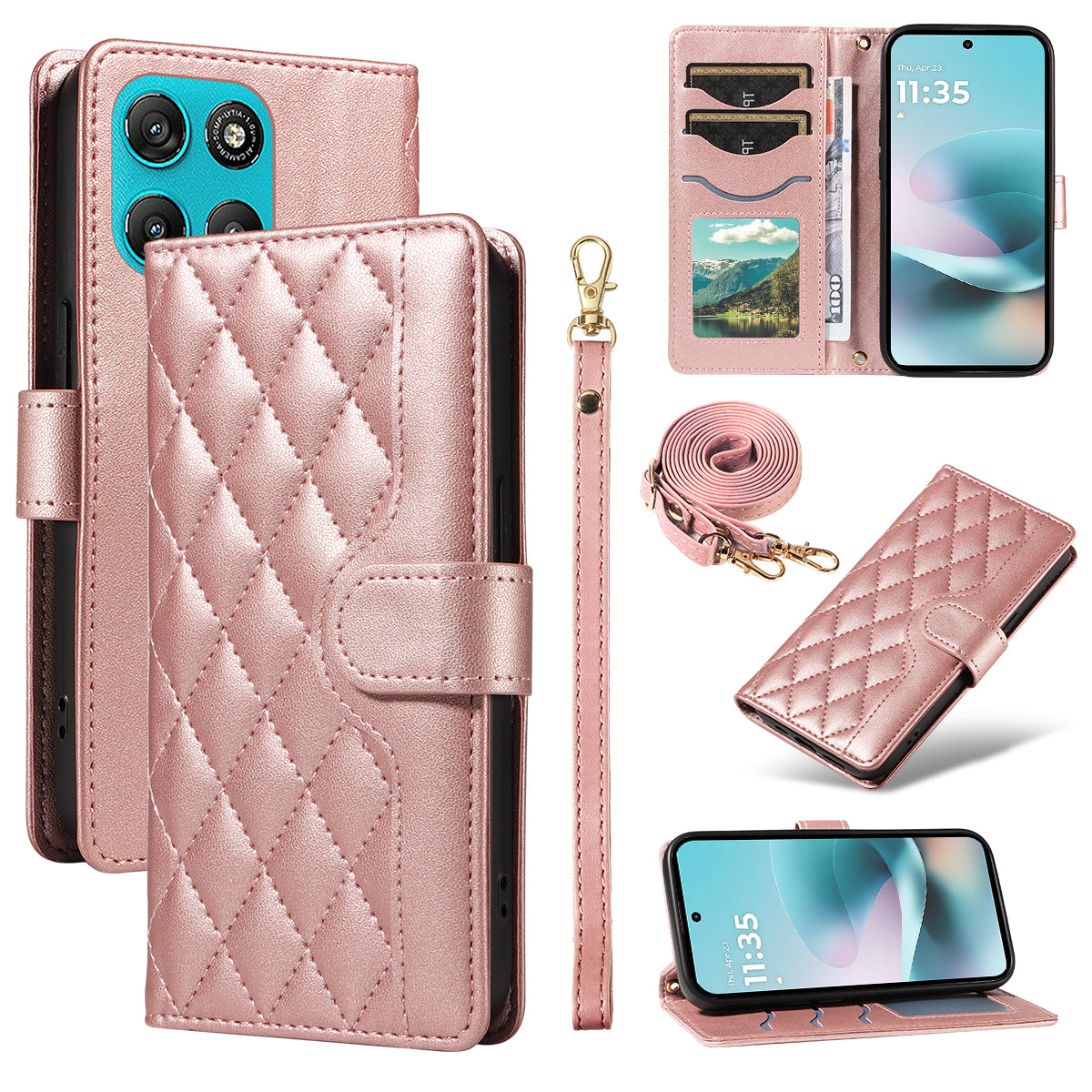 For Motorola Moto G57 Power 5G / Motorola Moto G100 5G (2025) / Motorola Moto G67 Power 5G Wallet Case Rhombus Leather Phone Cover with Strap -  Rose Gold