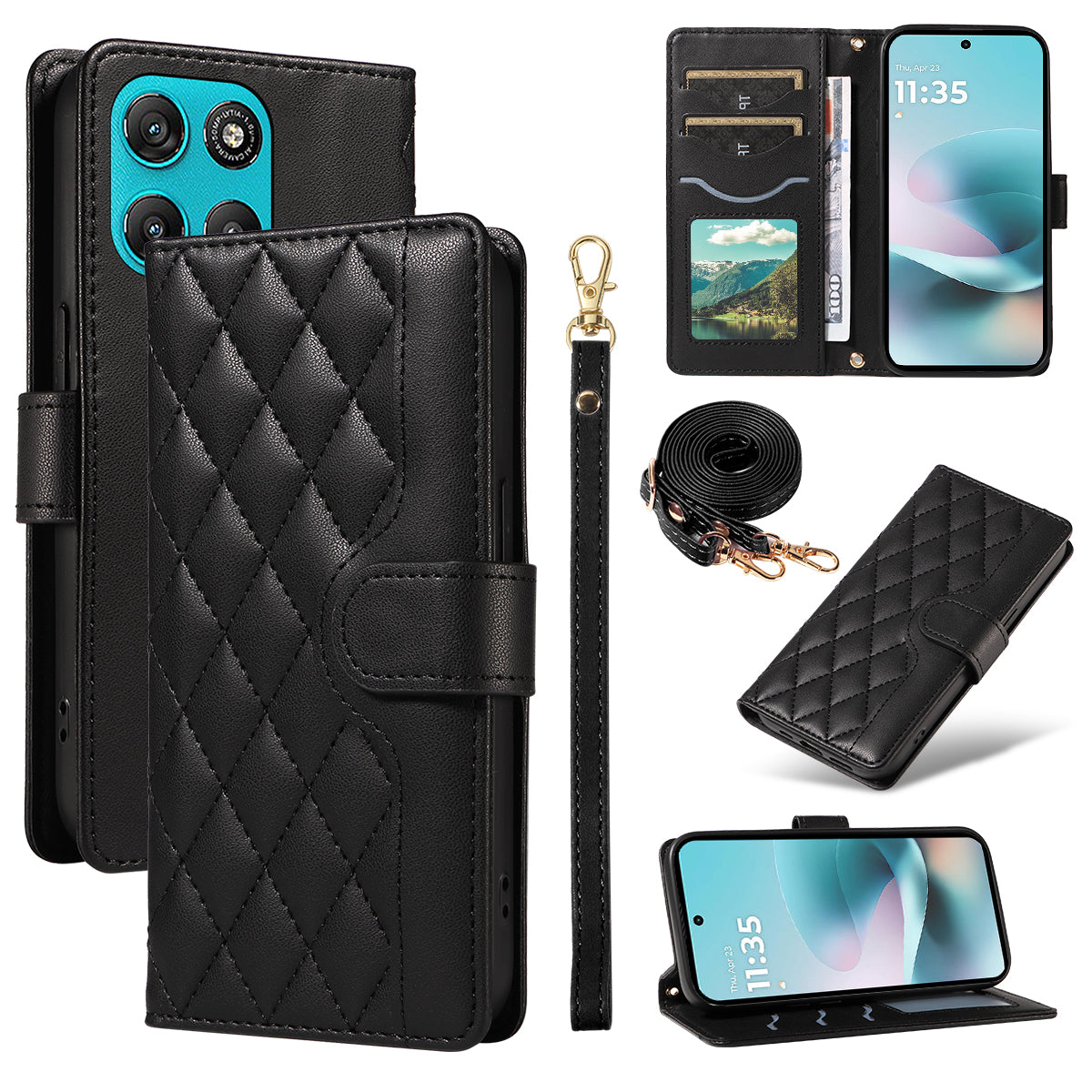 For Motorola Moto G57 Power 5G / Motorola Moto G100 5G (2025) / Motorola Moto G67 Power 5G Wallet Case Rhombus Leather Phone Cover with Strap - Black