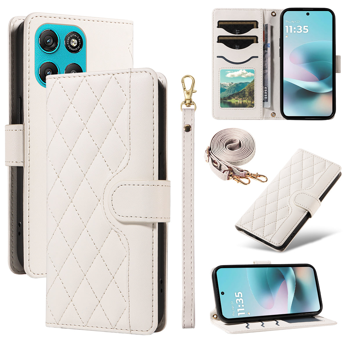 For Motorola Moto G57 Power 5G / Motorola Moto G100 5G (2025) / Motorola Moto G67 Power 5G Wallet Case Rhombus Leather Phone Cover with Strap - White