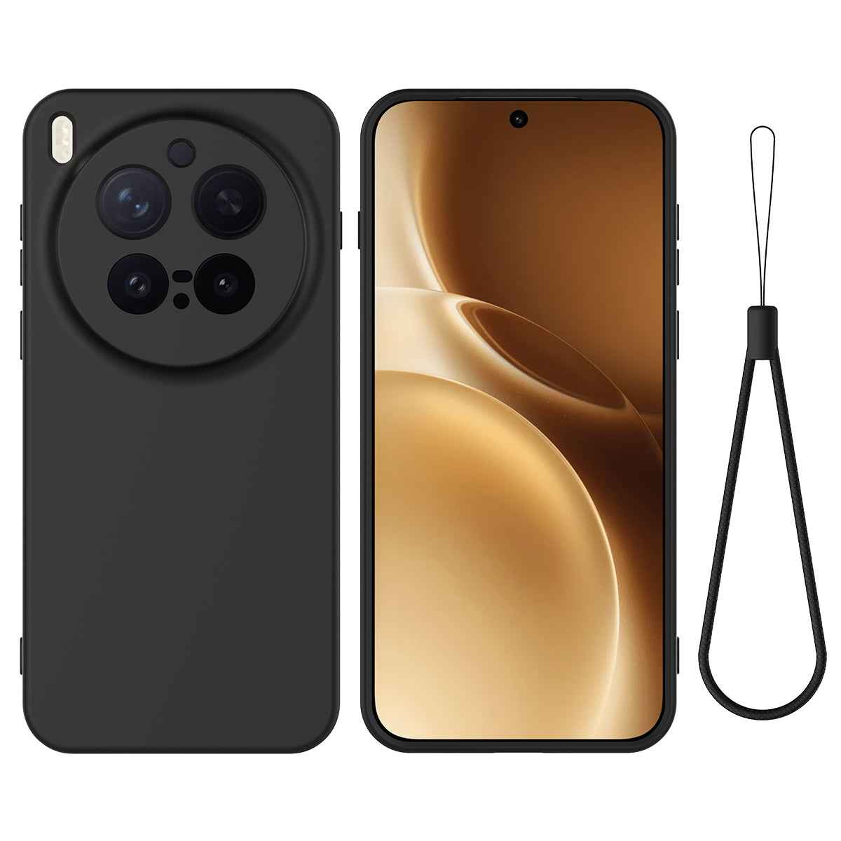 For vivo X300 Pro 5G Liquid Silicone Case Phone Back Cover with Hand Strap - Black