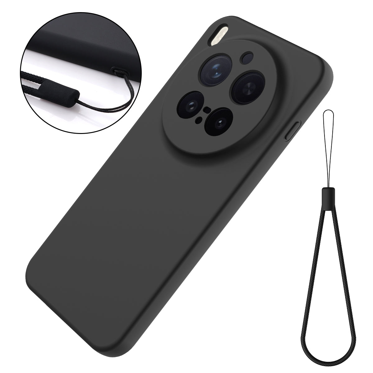 For vivo X300 Pro 5G Liquid Silicone Case Phone Back Cover with Hand Strap - Black