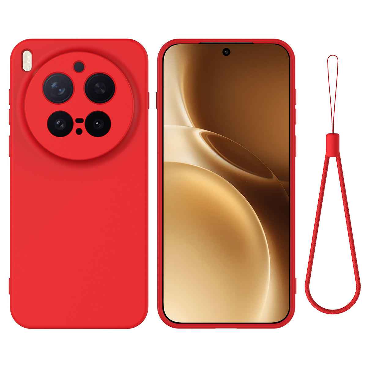 For vivo X300 Pro 5G Liquid Silicone Case Phone Back Cover with Hand Strap - Red