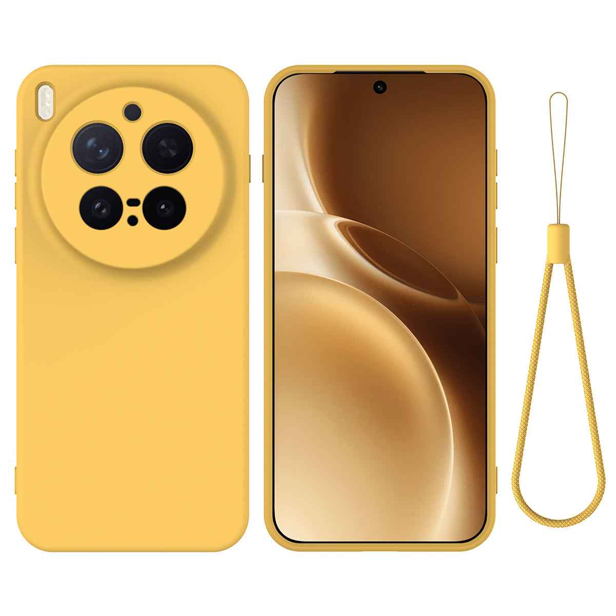 For vivo X300 Pro 5G Liquid Silicone Case Phone Back Cover with Hand Strap - Yellow