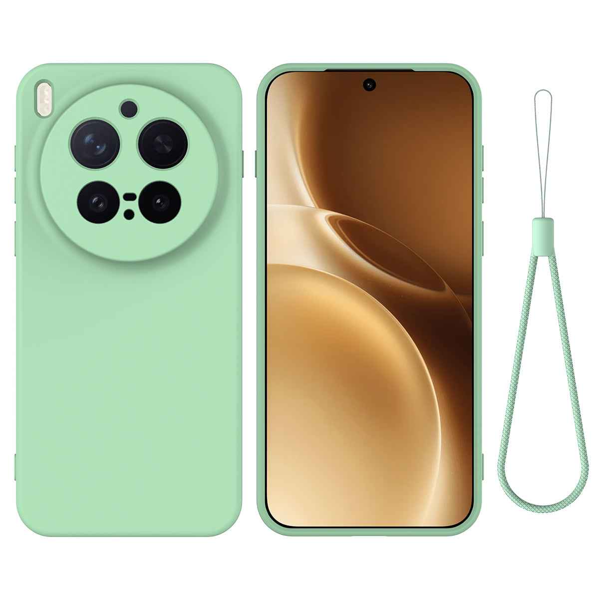 For vivo X300 Pro 5G Liquid Silicone Case Phone Back Cover with Hand Strap - Green