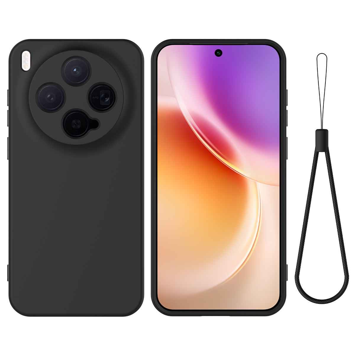 For vivo X300 5G Liquid Silicone Case Phone Back Cover with Hand Strap - Black
