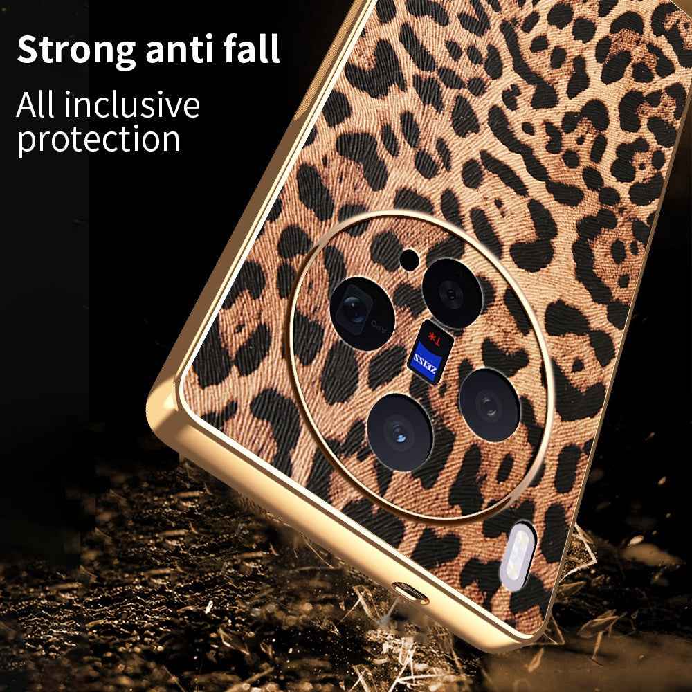 For vivo X300 5G Case Leopard Print PU Leather Coated PC + TPU Electroplating Phone Cover