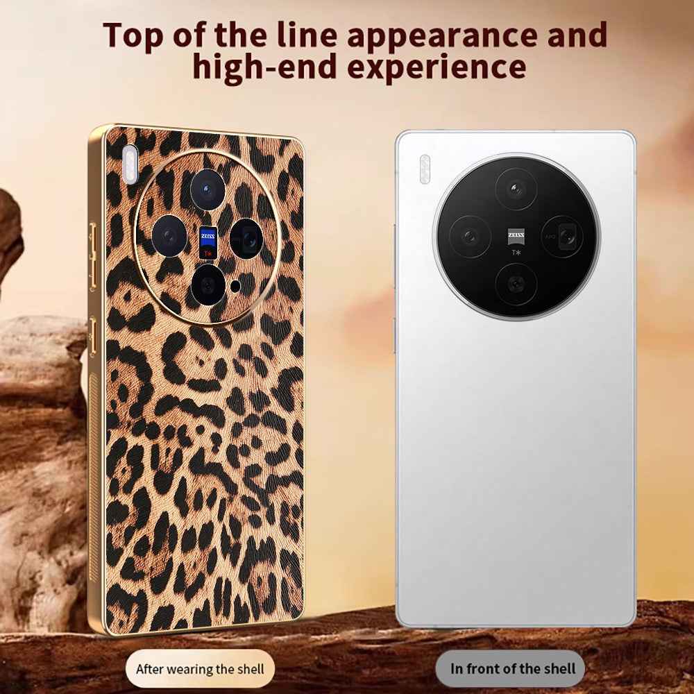 For vivo X300 5G Case Leopard Print PU Leather Coated PC + TPU Electroplating Phone Cover