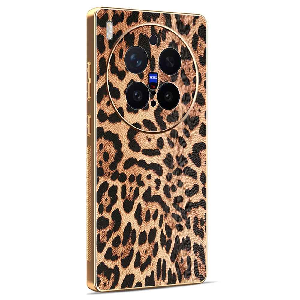 For vivo X300 Pro 5G Case Leopard Print PU Leather Coated PC + TPU Electroplating Phone Cover