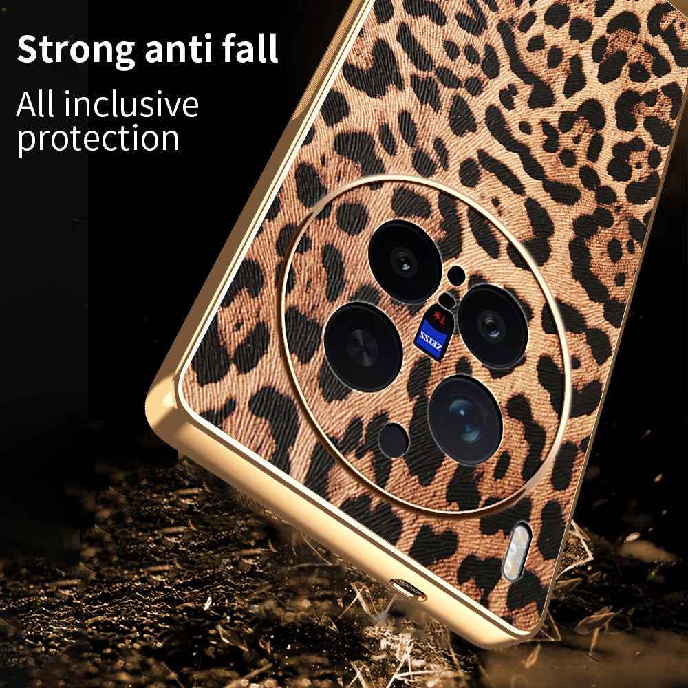 For vivo X300 Pro 5G Case Leopard Print PU Leather Coated PC + TPU Electroplating Phone Cover