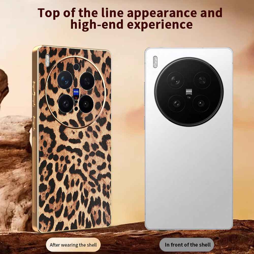 For vivo X300 Pro 5G Case Leopard Print PU Leather Coated PC + TPU Electroplating Phone Cover