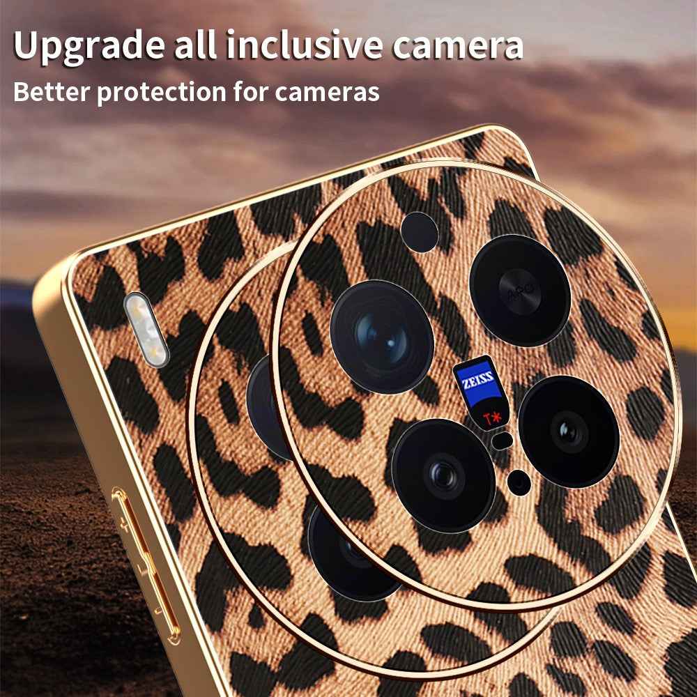 For vivo X300 Pro 5G Case Leopard Print PU Leather Coated PC + TPU Electroplating Phone Cover