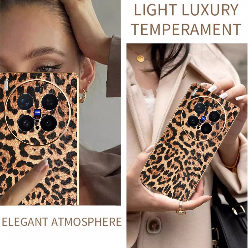 For vivo X300 Pro 5G Case Leopard Print PU Leather Coated PC + TPU Electroplating Phone Cover