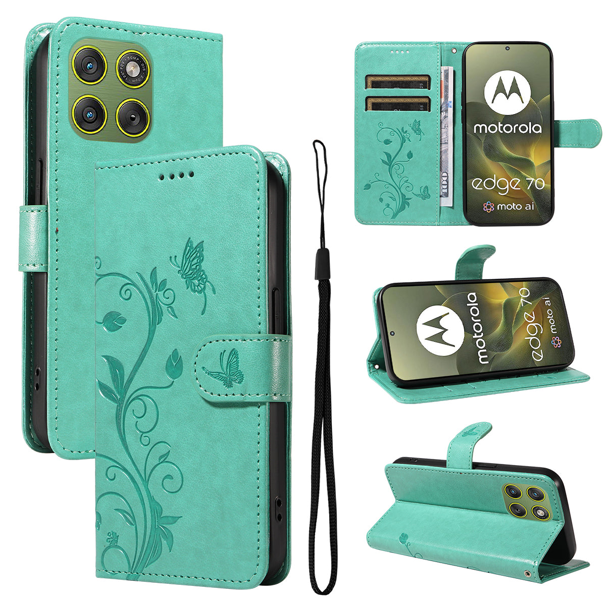 For Motorola Edge 70 5G PU Leather Cases Flower Pattern Wallet Stand Phone Cover with Strap - Green
