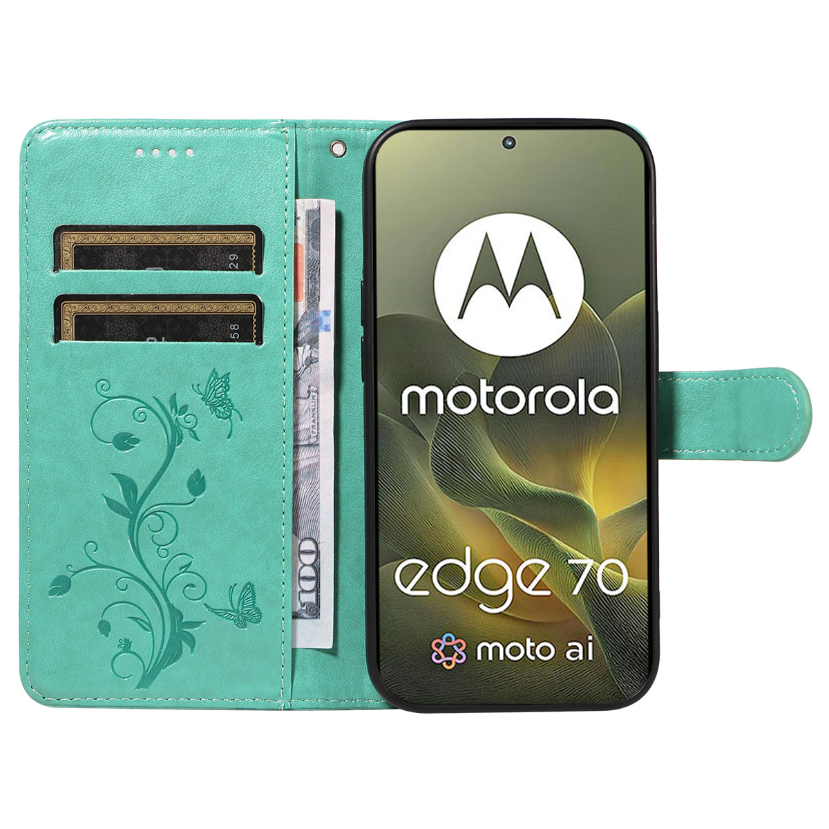 For Motorola Edge 70 5G PU Leather Cases Flower Pattern Wallet Stand Phone Cover with Strap - Green