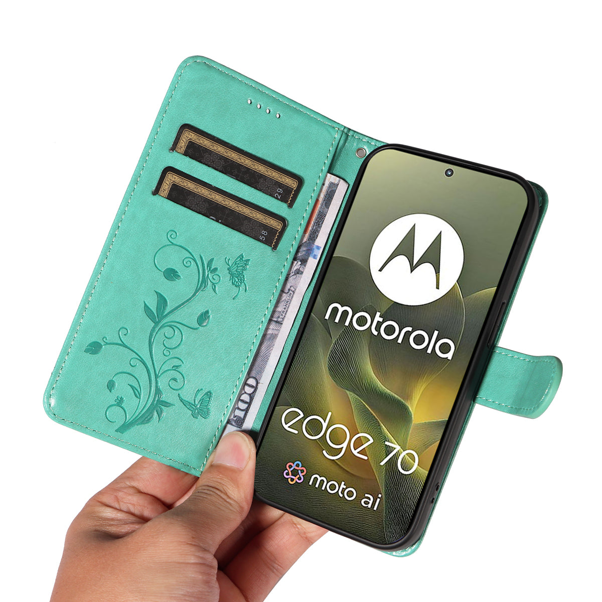 For Motorola Edge 70 5G PU Leather Cases Flower Pattern Wallet Stand Phone Cover with Strap - Green