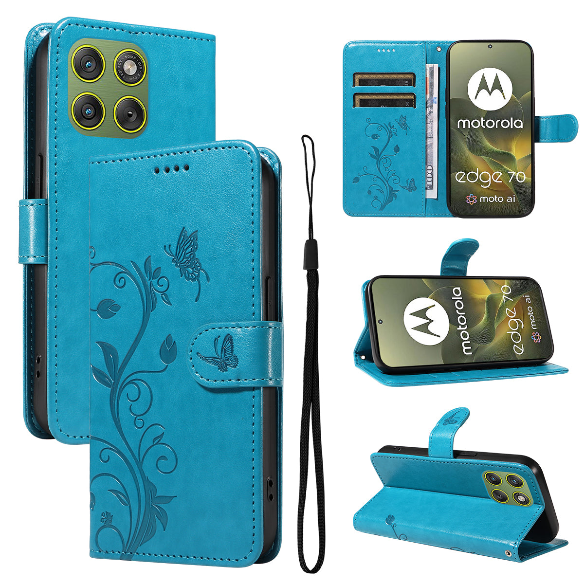For Motorola Edge 70 5G PU Leather Cases Flower Pattern Wallet Stand Phone Cover with Strap - Blue