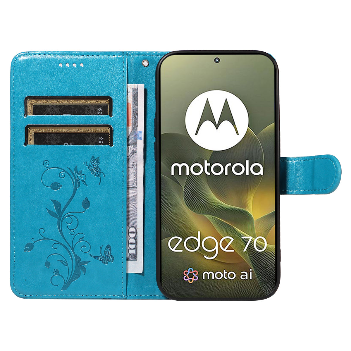 For Motorola Edge 70 5G PU Leather Cases Flower Pattern Wallet Stand Phone Cover with Strap - Blue