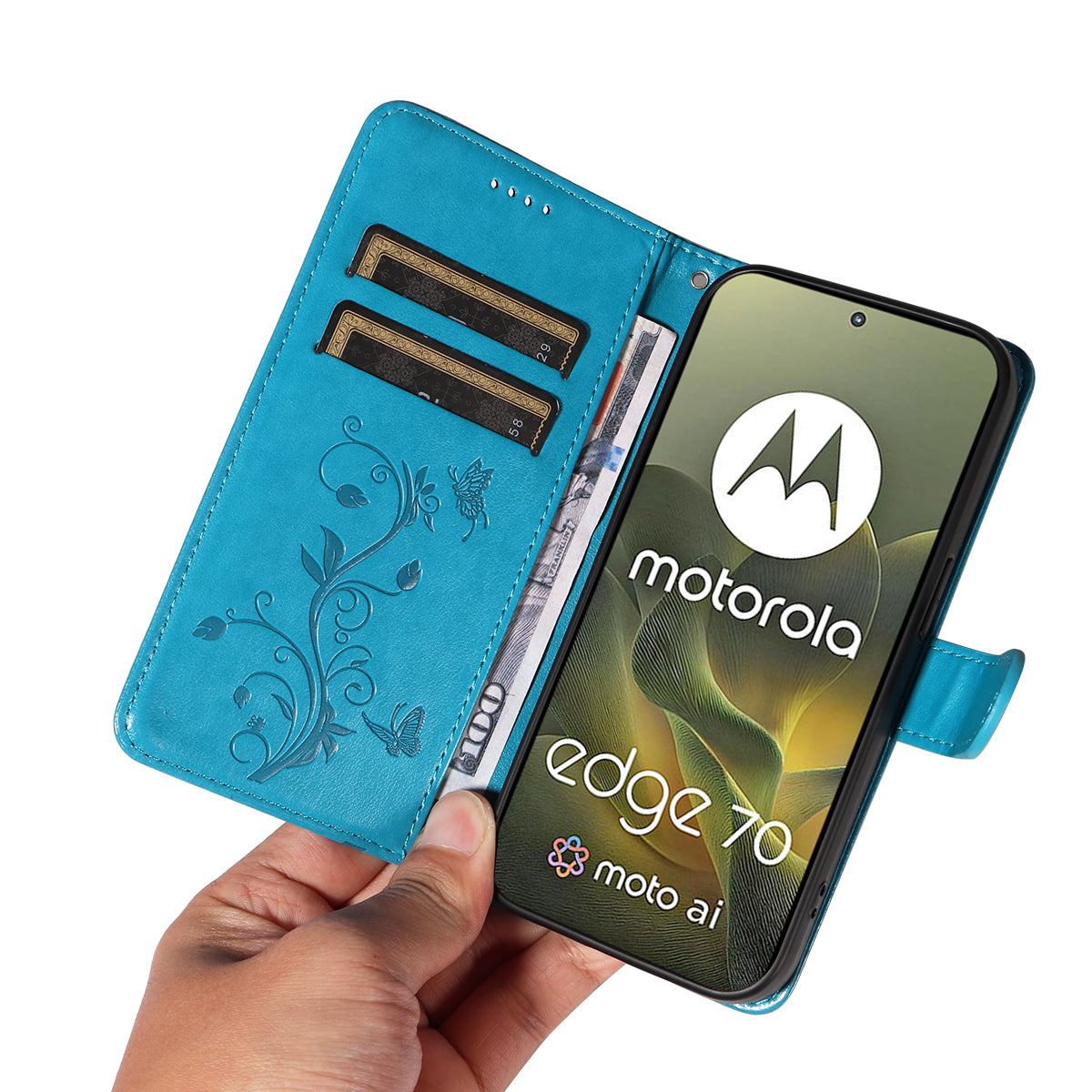 For Motorola Edge 70 5G PU Leather Cases Flower Pattern Wallet Stand Phone Cover with Strap - Blue