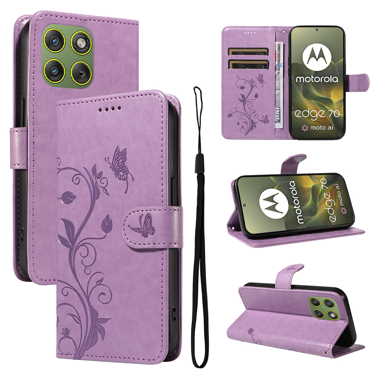 For Motorola Edge 70 5G PU Leather Cases Flower Pattern Wallet Stand Phone Cover with Strap -  Light Purple