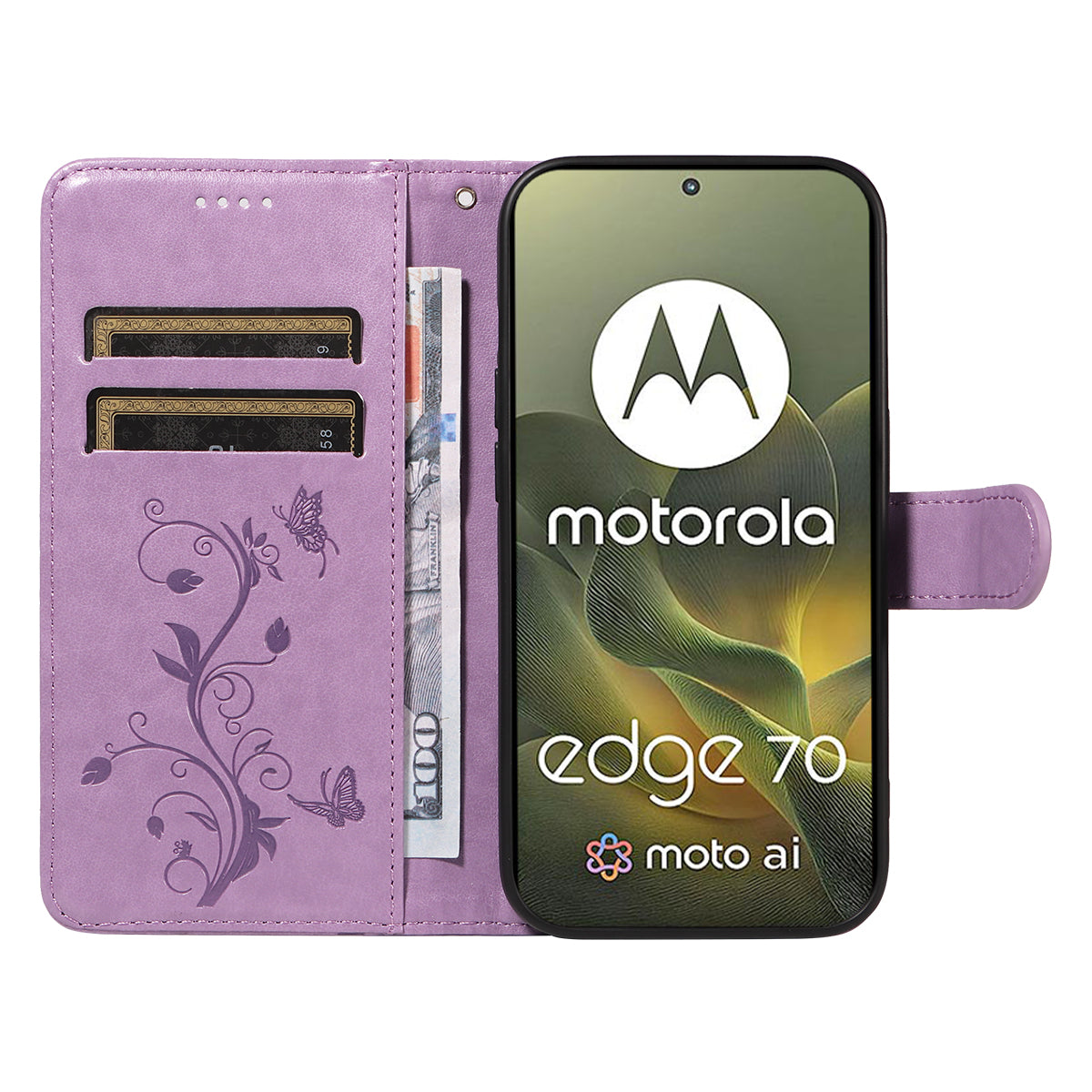For Motorola Edge 70 5G PU Leather Cases Flower Pattern Wallet Stand Phone Cover with Strap -  Light Purple