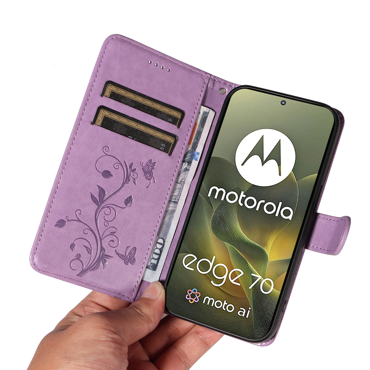 For Motorola Edge 70 5G PU Leather Cases Flower Pattern Wallet Stand Phone Cover with Strap -  Light Purple