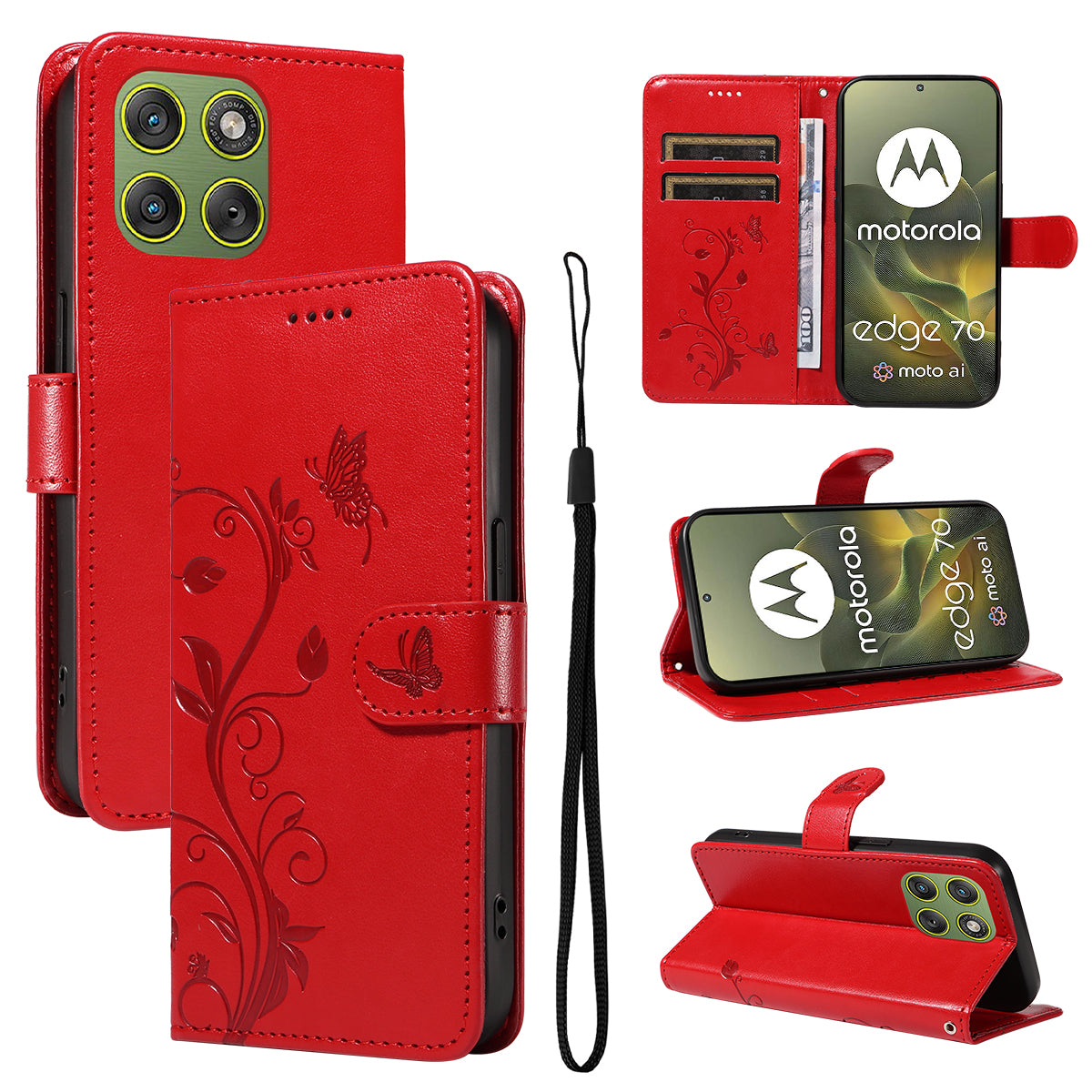 For Motorola Edge 70 5G PU Leather Cases Flower Pattern Wallet Stand Phone Cover with Strap - Red