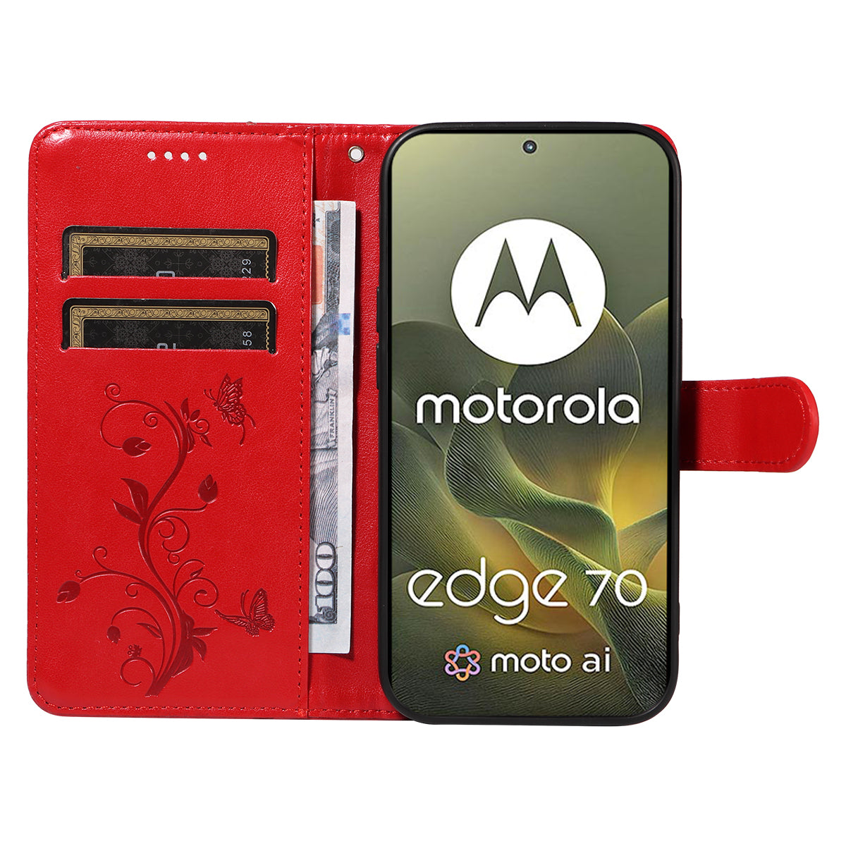 For Motorola Edge 70 5G PU Leather Cases Flower Pattern Wallet Stand Phone Cover with Strap - Red