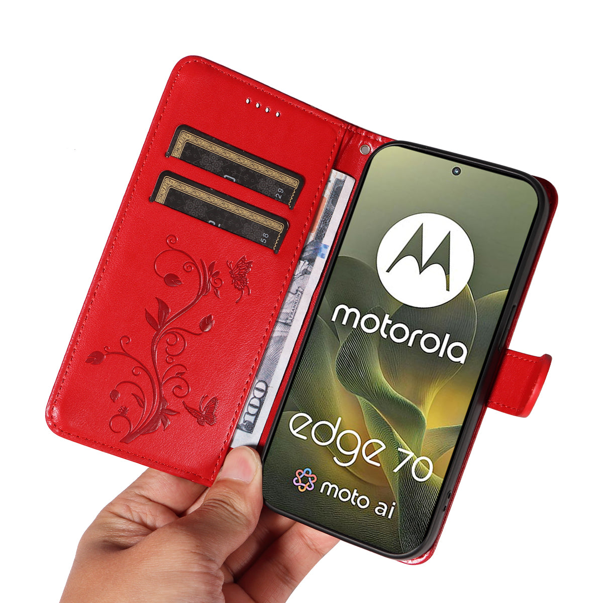For Motorola Edge 70 5G PU Leather Cases Flower Pattern Wallet Stand Phone Cover with Strap - Red