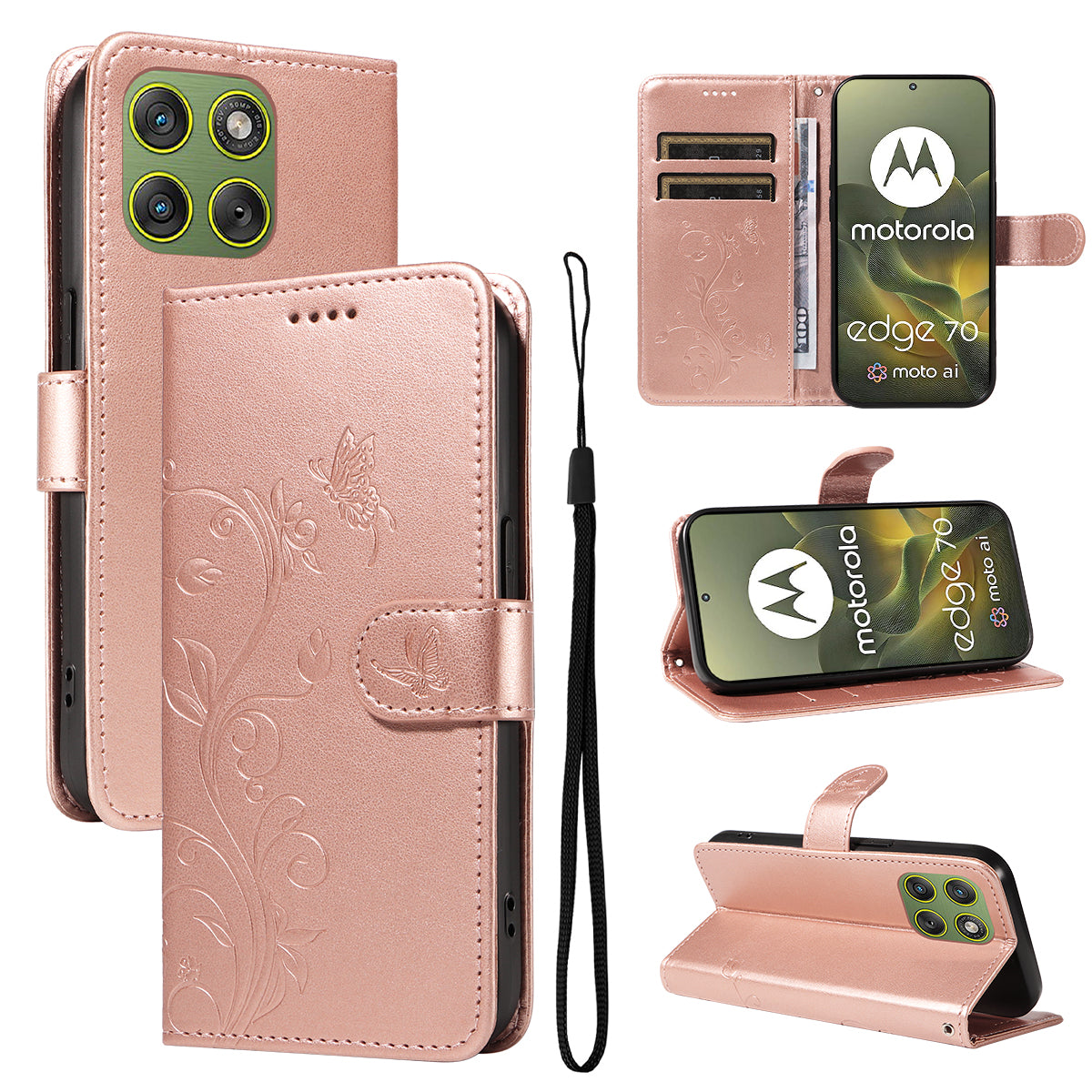 For Motorola Edge 70 5G PU Leather Cases Flower Pattern Wallet Stand Phone Cover with Strap - Rose Gold