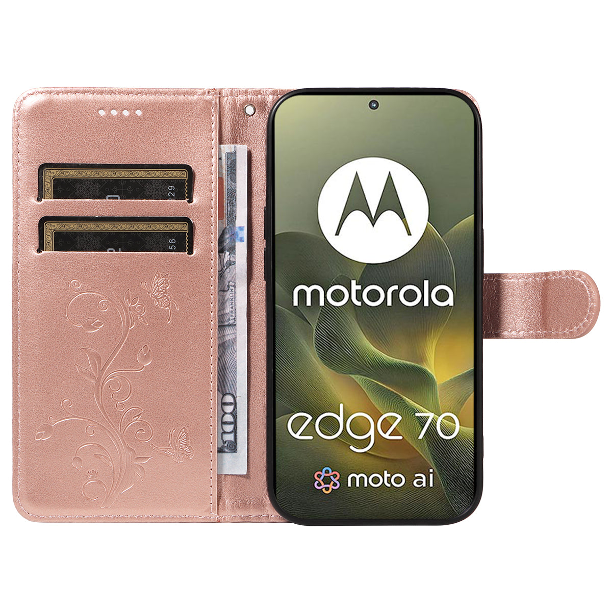 For Motorola Edge 70 5G PU Leather Cases Flower Pattern Wallet Stand Phone Cover with Strap - Rose Gold