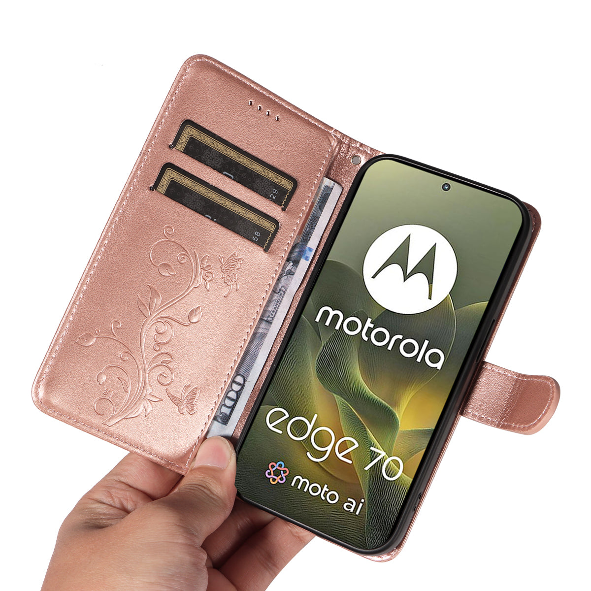 For Motorola Edge 70 5G PU Leather Cases Flower Pattern Wallet Stand Phone Cover with Strap - Rose Gold