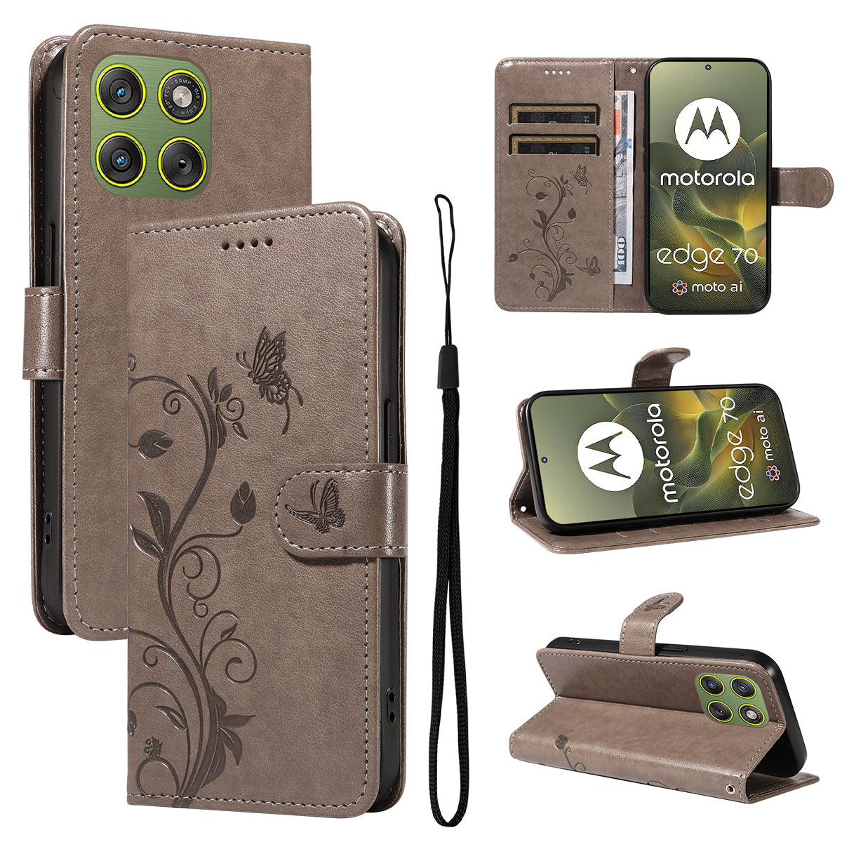 For Motorola Edge 70 5G PU Leather Cases Flower Pattern Wallet Stand Phone Cover with Strap - Grey