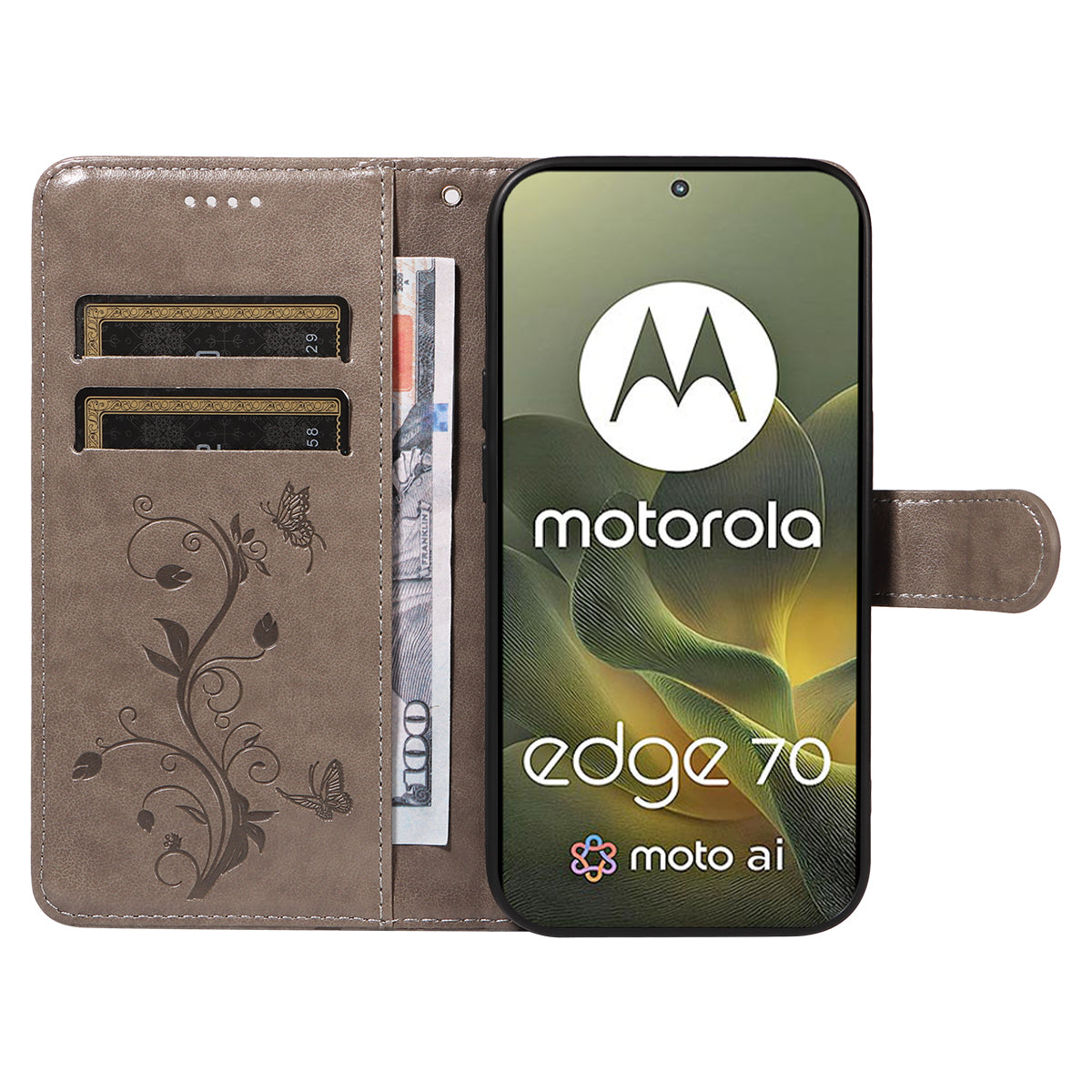 For Motorola Edge 70 5G PU Leather Cases Flower Pattern Wallet Stand Phone Cover with Strap - Grey