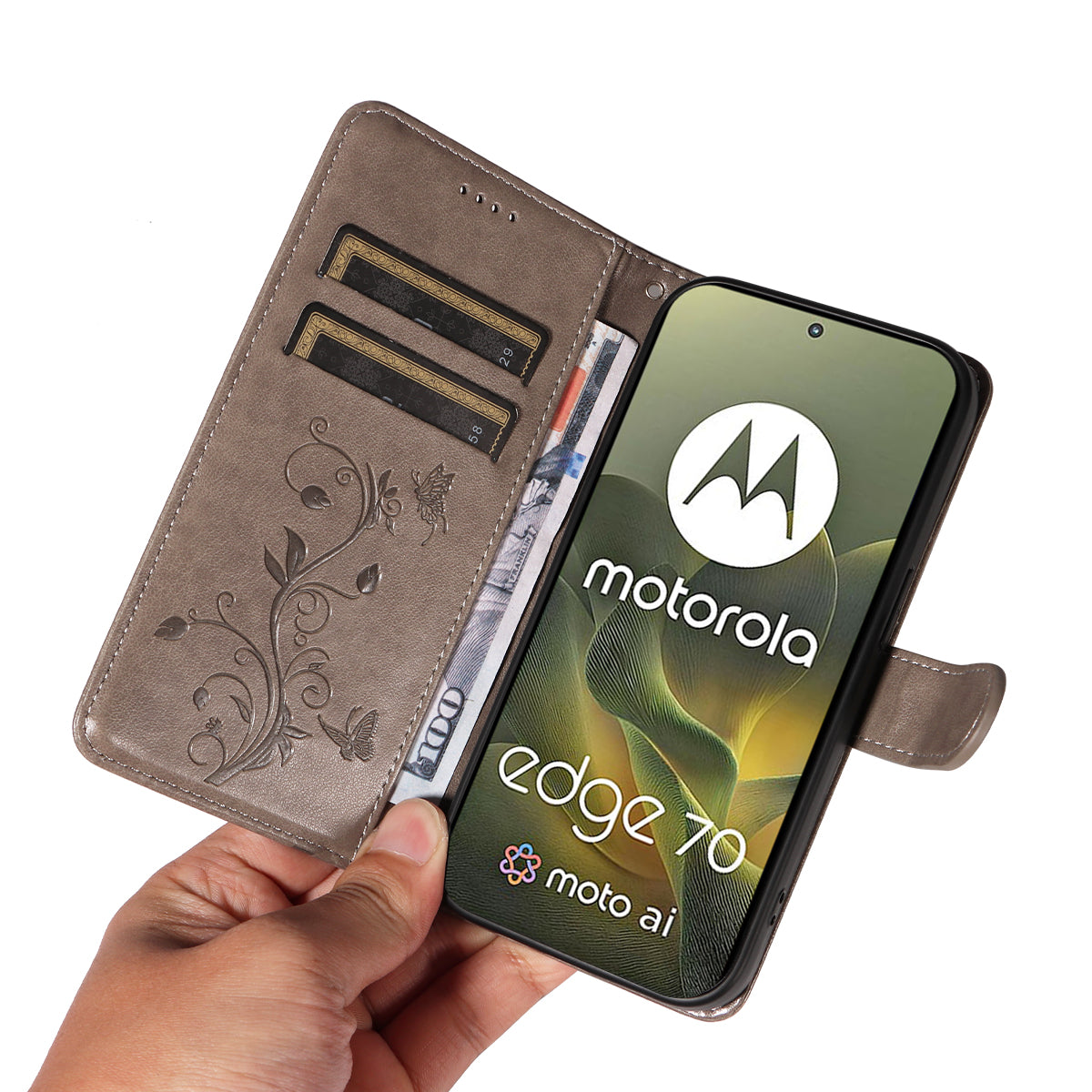 For Motorola Edge 70 5G PU Leather Cases Flower Pattern Wallet Stand Phone Cover with Strap - Grey