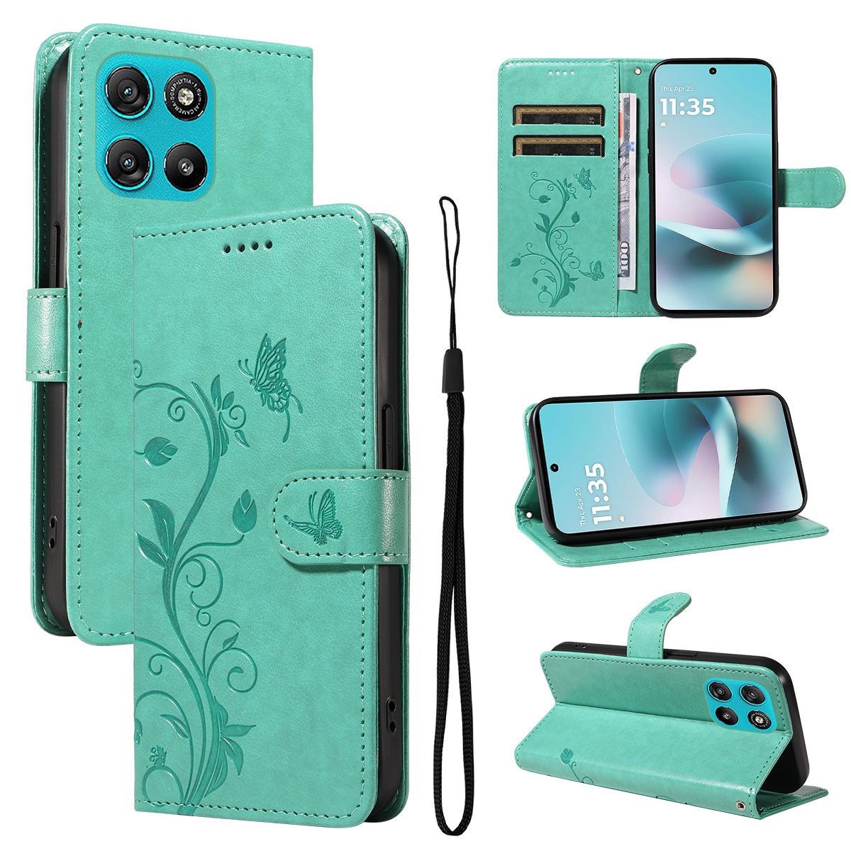 For Motorola Moto G57 Power 5G / Motorola Moto G100 5G (2025) / Motorola Moto G67 Power 5G PU Leather Cases Flower Pattern Wallet Stand Phone Cover with Strap - Green
