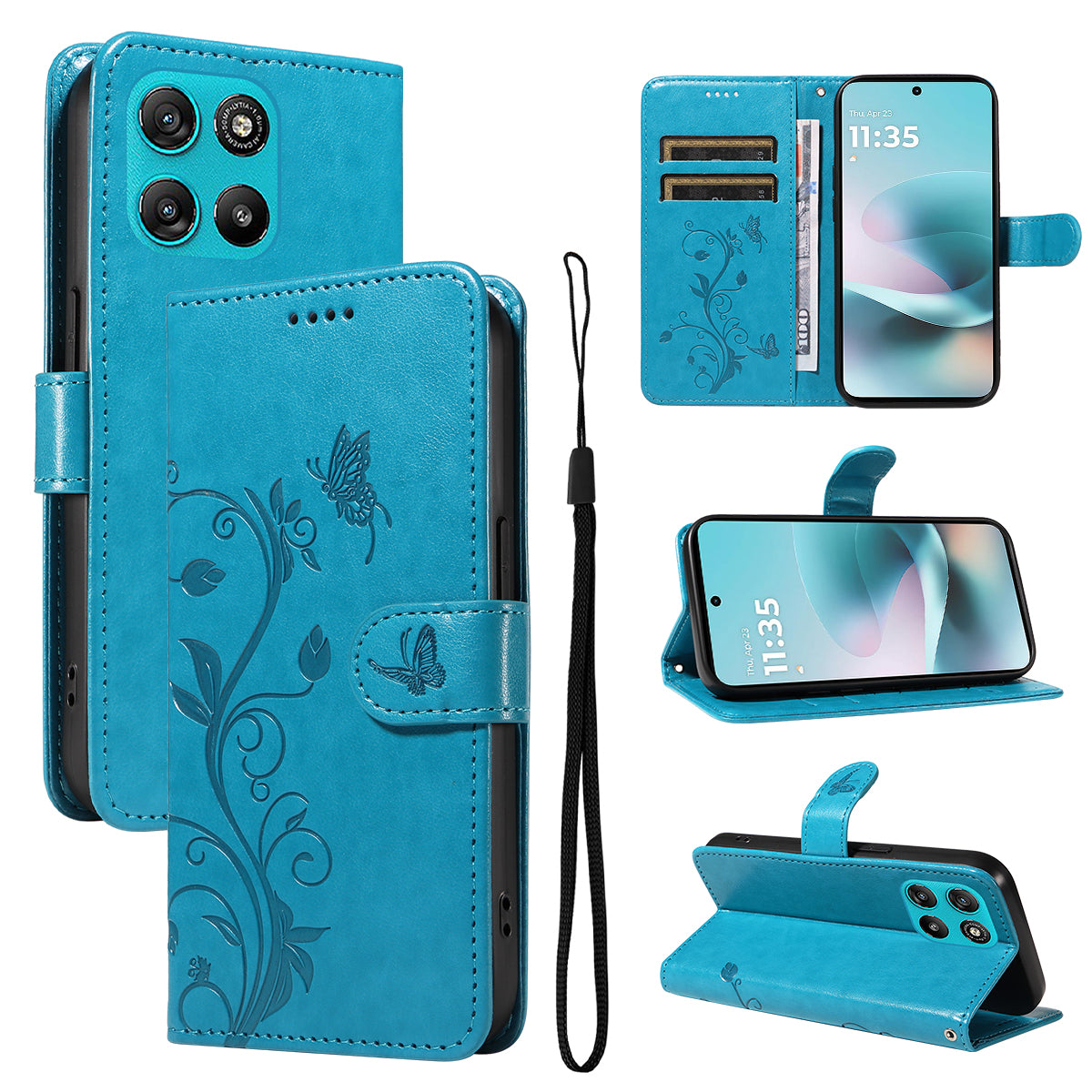 For Motorola Moto G57 Power 5G / Motorola Moto G100 5G (2025) / Motorola Moto G67 Power 5G PU Leather Cases Flower Pattern Wallet Stand Phone Cover with Strap - Blue