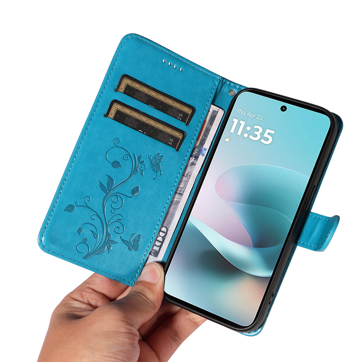 For Motorola Moto G57 Power 5G / Motorola Moto G100 5G (2025) / Motorola Moto G67 Power 5G PU Leather Cases Flower Pattern Wallet Stand Phone Cover with Strap - Blue
