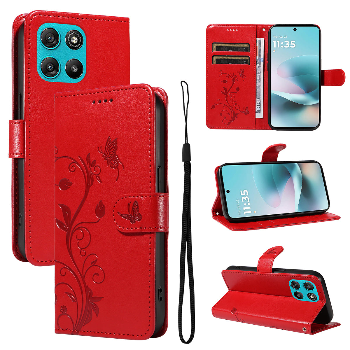 For Motorola Moto G57 Power 5G / Motorola Moto G100 5G (2025) / Motorola Moto G67 Power 5G PU Leather Cases Flower Pattern Wallet Stand Phone Cover with Strap - Red