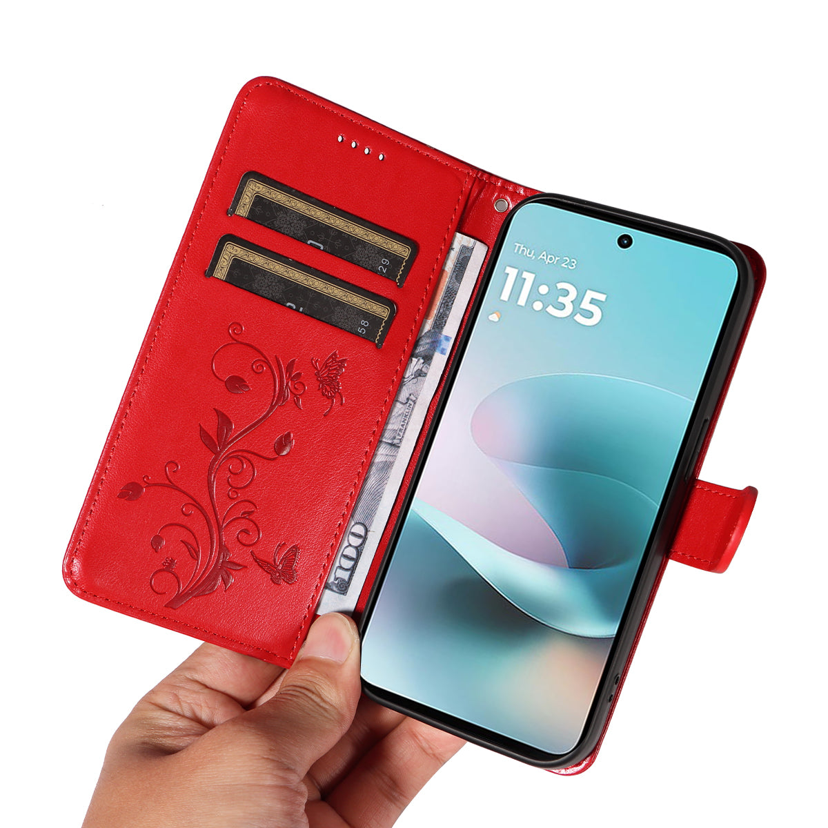 For Motorola Moto G57 Power 5G / Motorola Moto G100 5G (2025) / Motorola Moto G67 Power 5G PU Leather Cases Flower Pattern Wallet Stand Phone Cover with Strap - Red