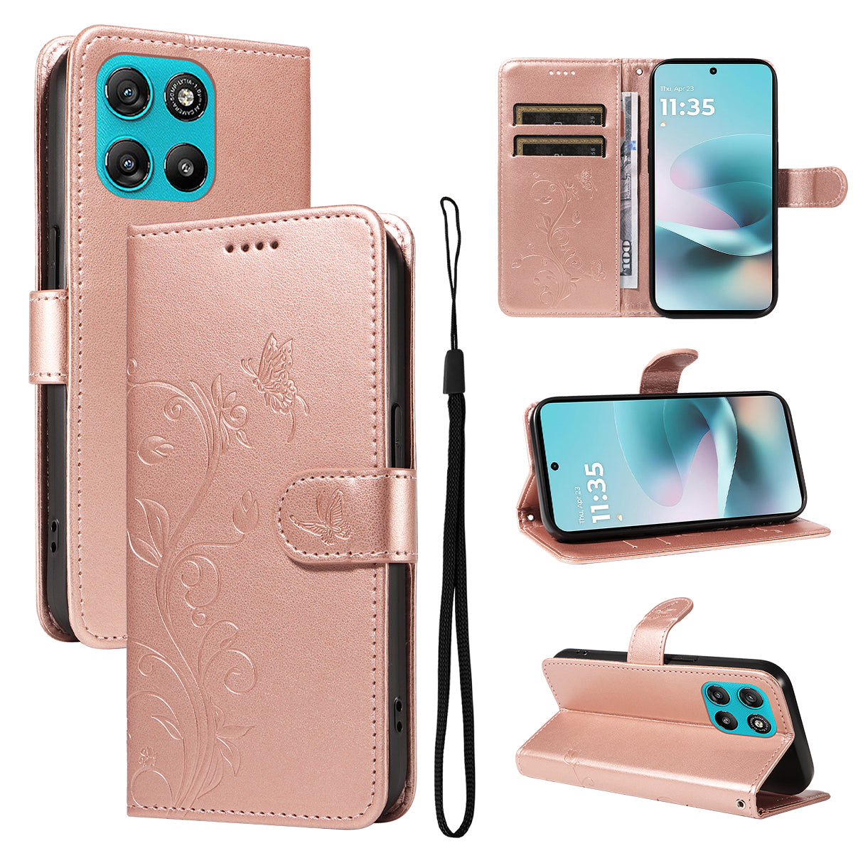 For Motorola Moto G57 Power 5G / Motorola Moto G100 5G (2025) / Motorola Moto G67 Power 5G PU Leather Cases Flower Pattern Wallet Stand Phone Cover with Strap - Rose Gold