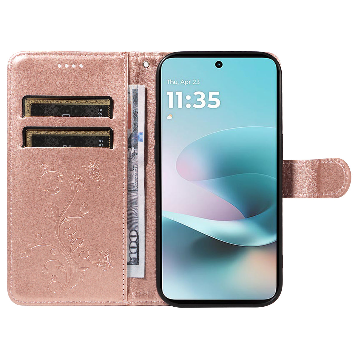 For Motorola Moto G57 Power 5G / Motorola Moto G100 5G (2025) / Motorola Moto G67 Power 5G PU Leather Cases Flower Pattern Wallet Stand Phone Cover with Strap - Rose Gold