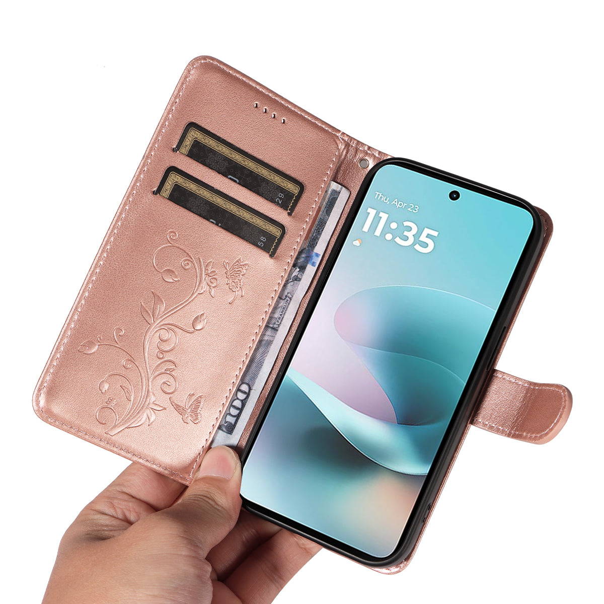 For Motorola Moto G57 Power 5G / Motorola Moto G100 5G (2025) / Motorola Moto G67 Power 5G PU Leather Cases Flower Pattern Wallet Stand Phone Cover with Strap - Rose Gold