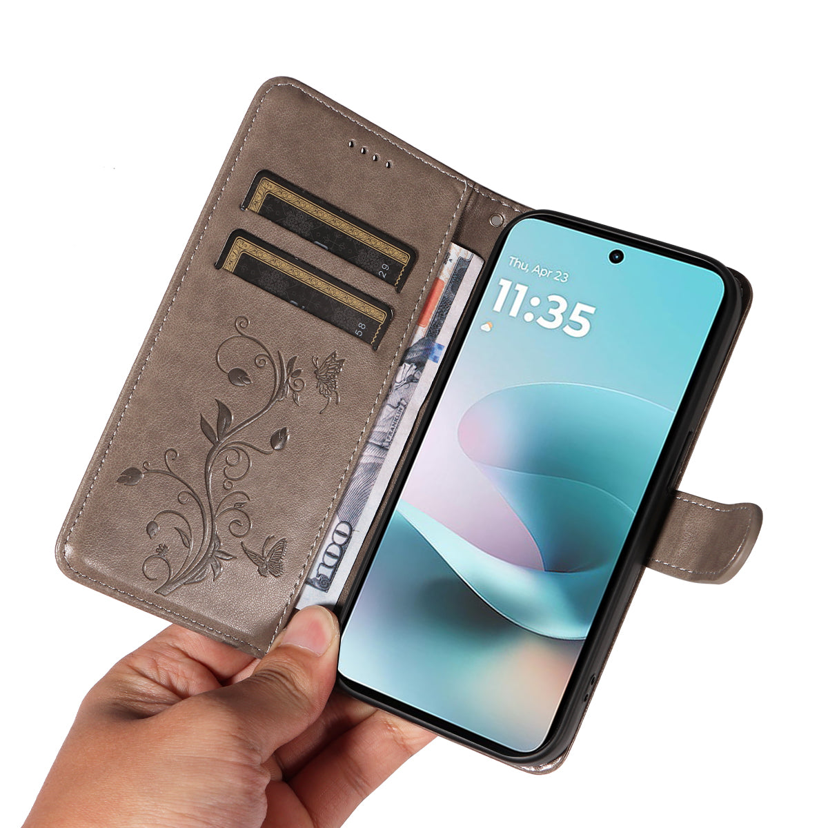 For Motorola Moto G57 Power 5G / Motorola Moto G100 5G (2025) / Motorola Moto G67 Power 5G PU Leather Cases Flower Pattern Wallet Stand Phone Cover with Strap - Grey