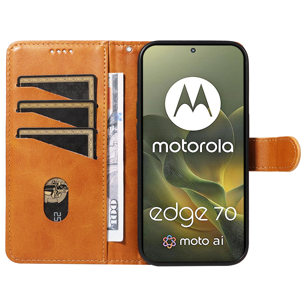 For Motorola Edge 70 5G Wallet Case T-Shape Lines Leather Phone Cover Stand - Brown