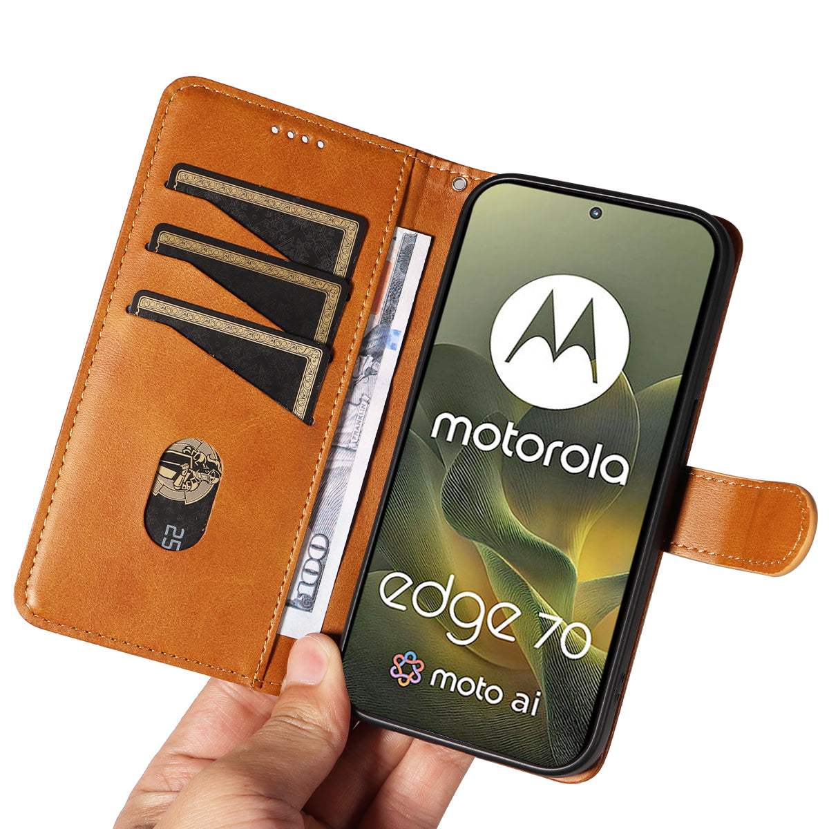 For Motorola Edge 70 5G Wallet Case T-Shape Lines Leather Phone Cover Stand - Brown
