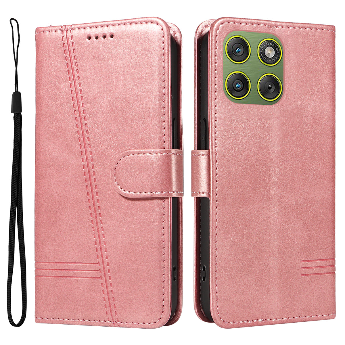 For Motorola Edge 70 5G Wallet Case T-Shape Lines Leather Phone Cover Stand - Rose Gold