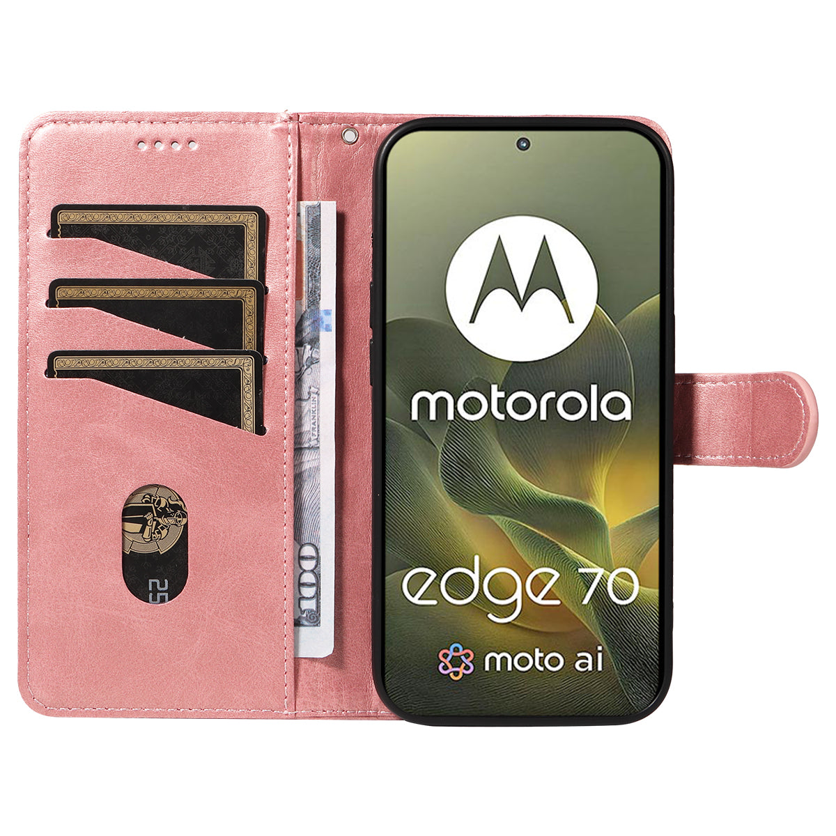 For Motorola Edge 70 5G Wallet Case T-Shape Lines Leather Phone Cover Stand - Rose Gold