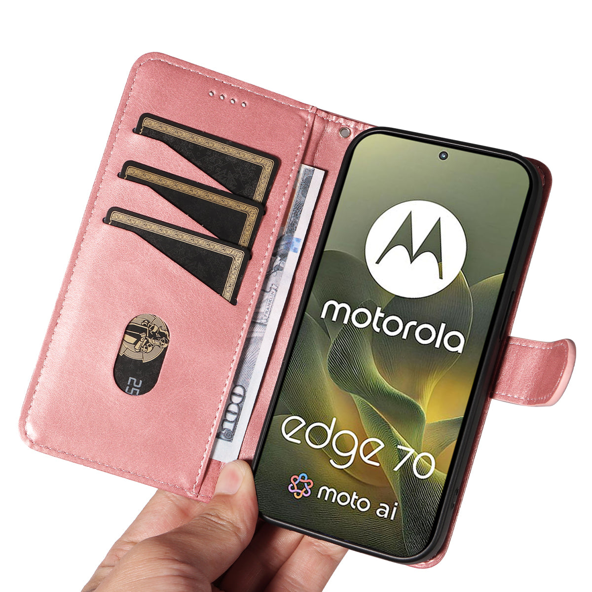 For Motorola Edge 70 5G Wallet Case T-Shape Lines Leather Phone Cover Stand - Rose Gold