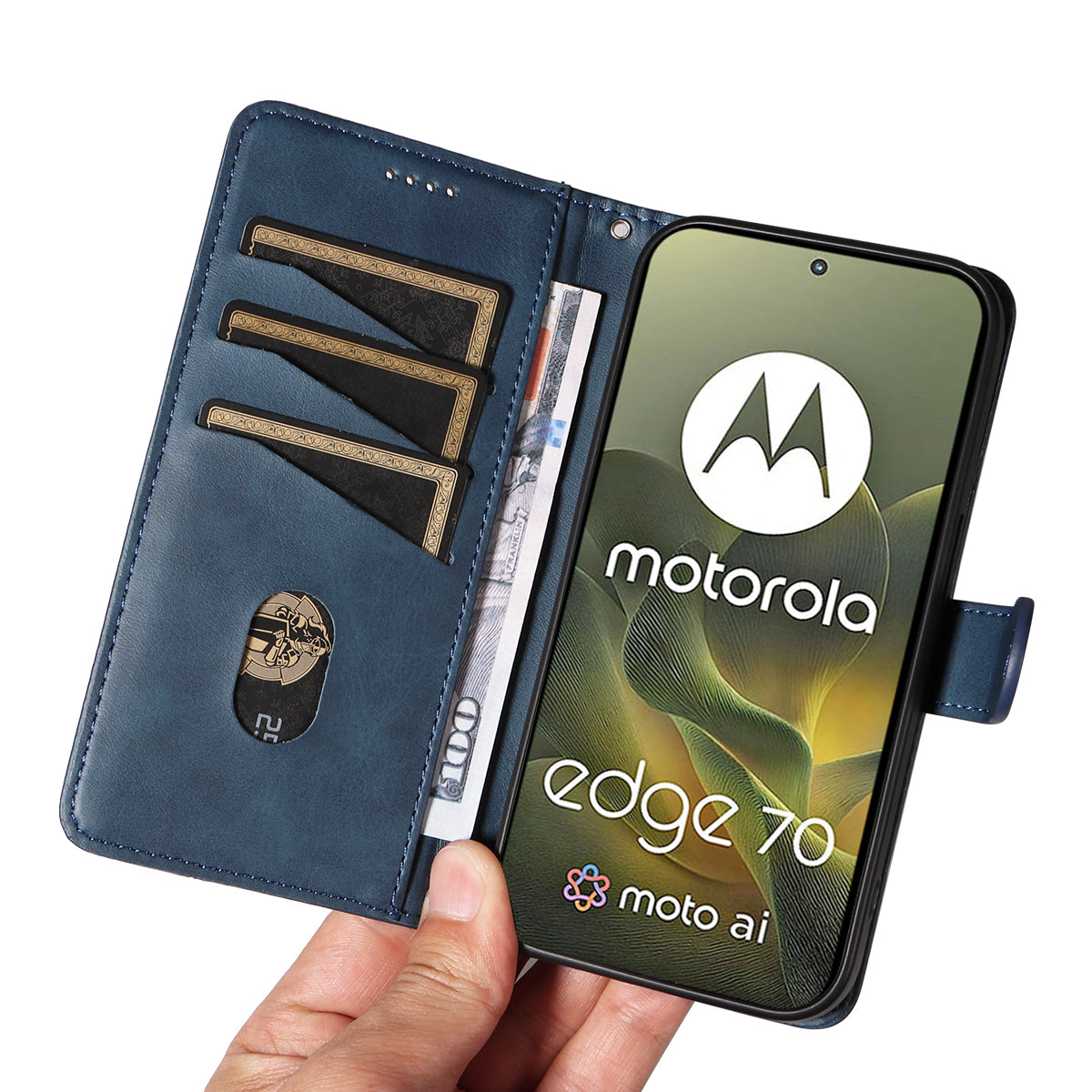 For Motorola Edge 70 5G Wallet Case T-Shape Lines Leather Phone Cover Stand - Blue